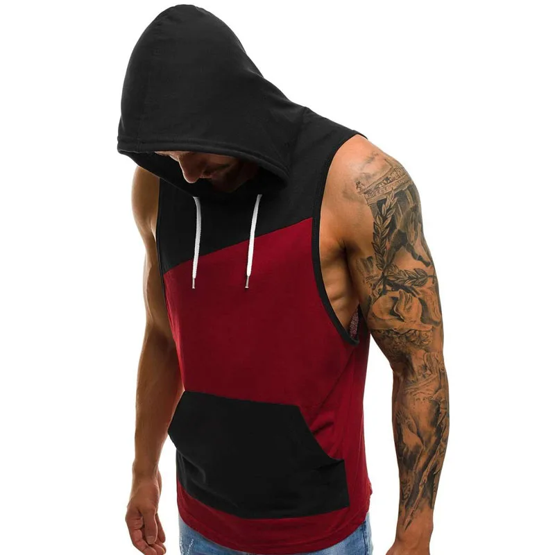 Мужские облегающие рубашки без рукавов однотонные топы с капюшоном худи