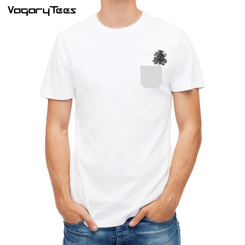 

Newest Creative 2019 men's fashion short sleeve t-shirt Pocket tree and flying birds printed tee shirts Hipster O-neck cool tops