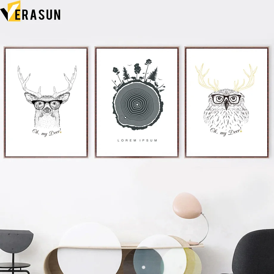 Черно белый абстрактный земной олень Сова животные настенная живопись холст