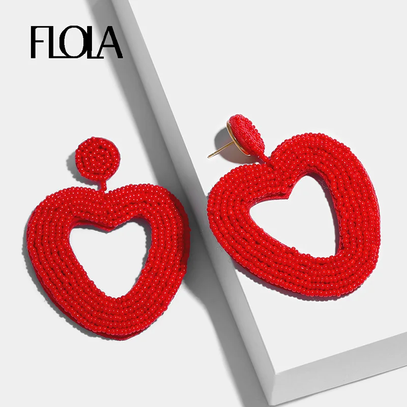 Женские серьги-подвески из бусина Flola большие серьги с красным сердцем эффектные