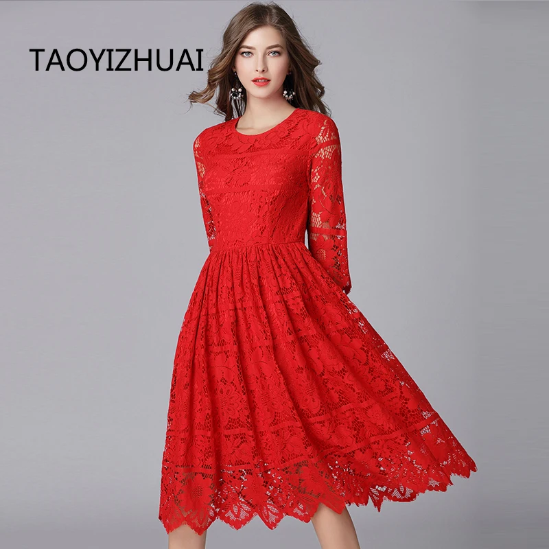 TAOYIZHUAI Новое поступление осеннее китайское стильное платье размера плюс L ТРАПЕЦИЕВИДНОЕ однотонное красное женское длинное кружевное платье 14098