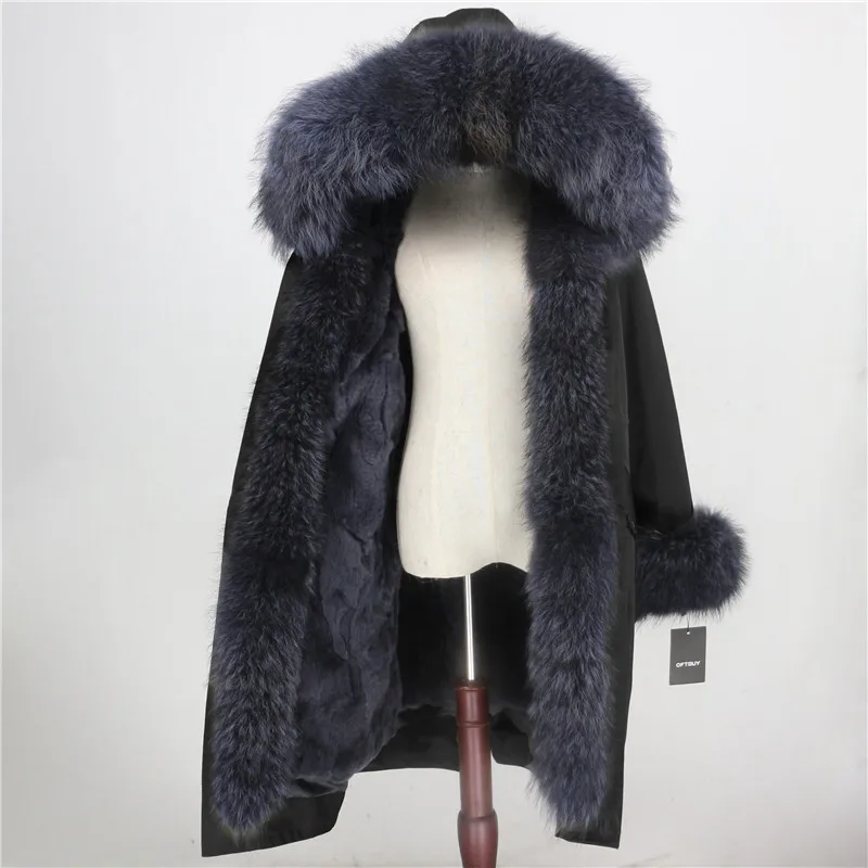 black grey OFTBUY Водонепроницаемый куртка-парка зимняя куртка Для женщин из натурального меха, пальто из натурального меха енота меховой воротник с капюшоном подкладка из натурального кроличьего меха с отсоединяемым - Цвет: black grey