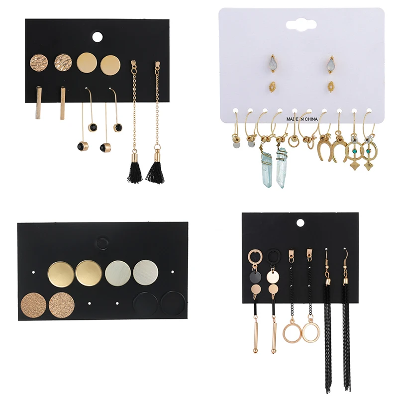 Комплект женских серег гвоздиков с длинными кисточками круглые и черные серьги