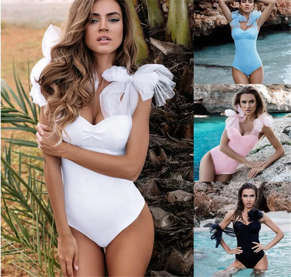 

One Piece Swimsuit Women Solid White Lace Shoulder Swimwear 2023 New Retro Monokini Beach Bathing Suit Bodysuit Swim Wear Summer