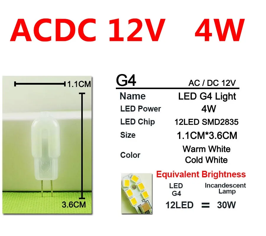 G4 ACDC12V 4W 10 шт. светодиодный светильник G9 220 В с регулируемой яркостью/G4 AC DC 12 В/220 В светодиодный светильник 4 Вт 5 Вт 6 Вт 7 Вт сменный галогенный Кристалл лампада ампула Bombilla - Испускаемый цвет: G4 ACDC12V 4W