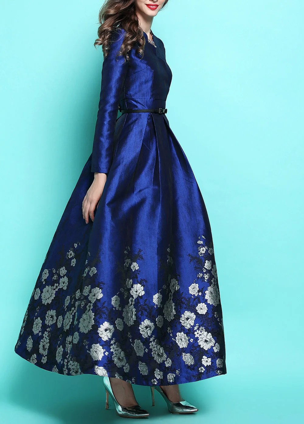 Spring and autumn petals V collar long sleeved luxury jacquard super pendulum dress-L849 | Женская одежда