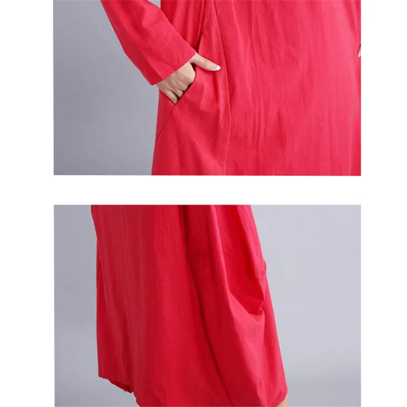 

2018 Spring Autumn Vintage Solid Women Cotton Linen Dress Long Sleeve Long Dresses Female Casual Loose Dress Robe Vestidos AB772