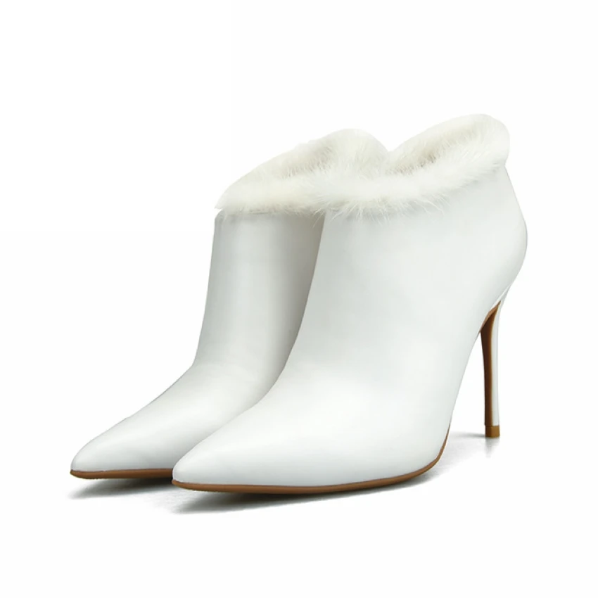 Женские ботинки на высоком каблуке теплые с острым носком меху для осени и зимы