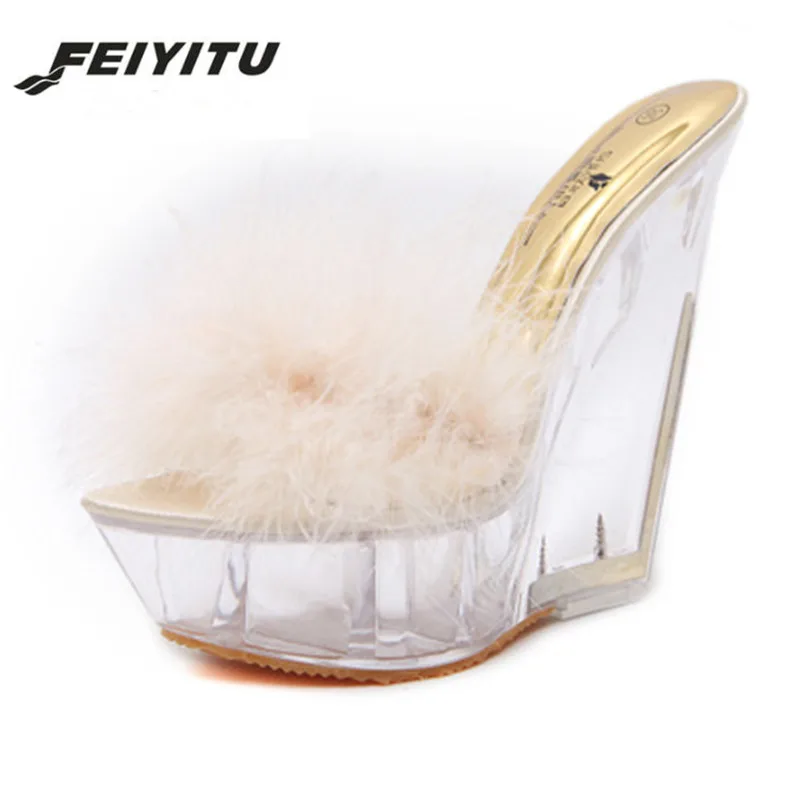 FeiYiTu/пикантные прозрачные босоножки на очень высоком каблуке 14 см с перьями; пикантная женская обувь для ночного клуба; европейские размеры 34-40 - Цвет: Бежевый