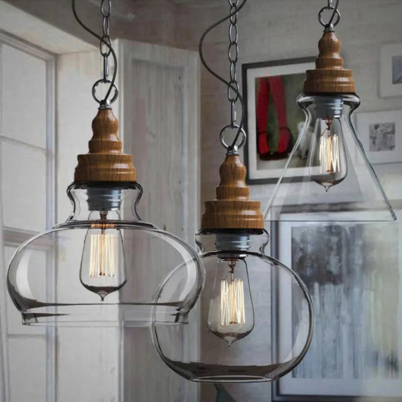 Фото Подвесной светильник в скандинавском стиле потолочный с деревянным колпачком и