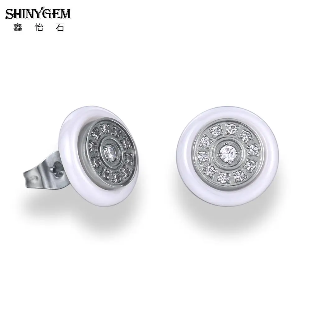 White ShinyGem черные белые серьги-гвоздики из керамики круглые/квадратные серьги из нержавеющей стали AAA Белые циркониевые корейские серьги для женщин - Окраска металла: White