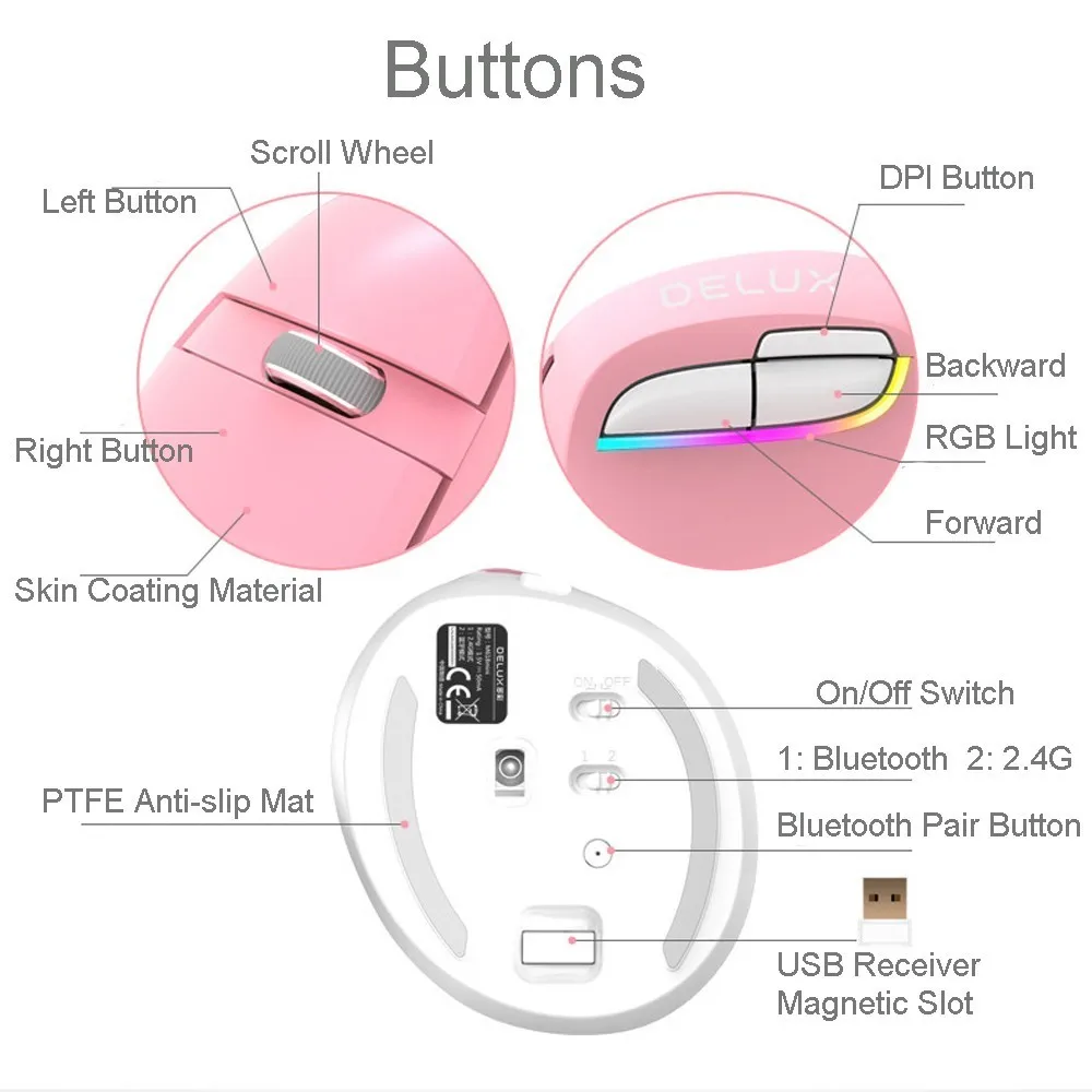 Delux M618 Bluetooth 4 0 2 4G Двухрежимная беспроводная мышь 2400 DPI Эргономичный