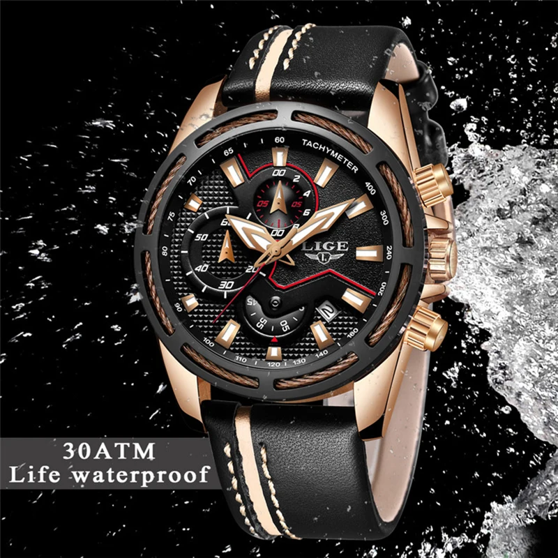 LIGE бренд Творческий Кварц Для мужчин часы кожаный Хронограф Армии Военные