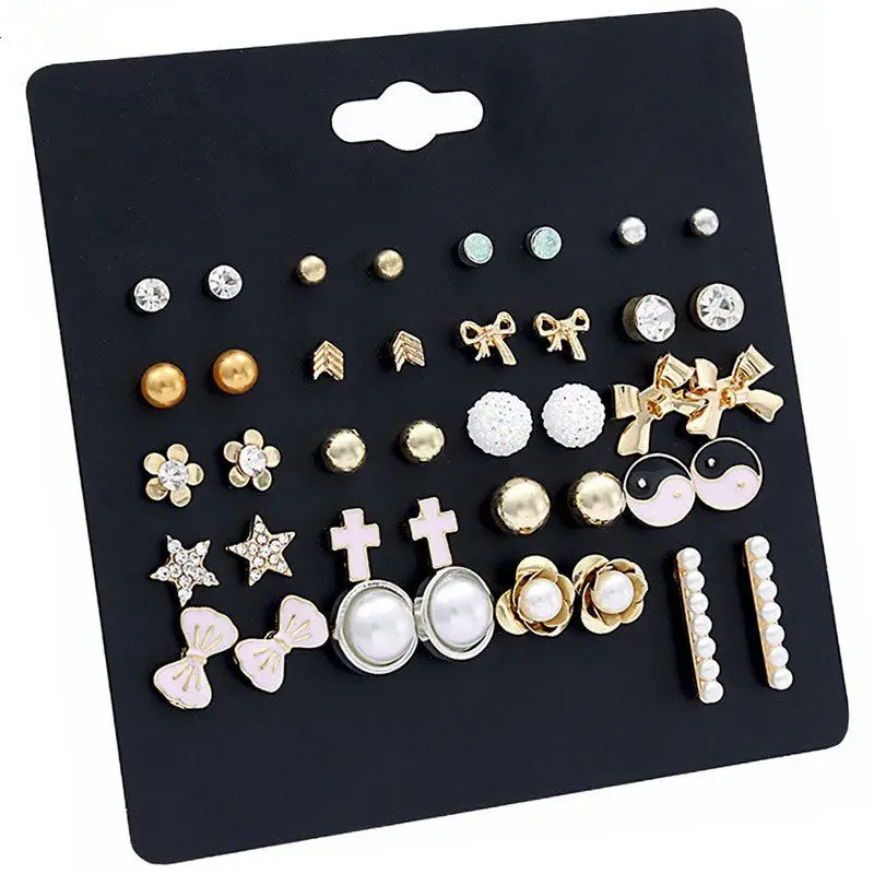 20Pairs/Pack Korea Trendy Simulated-pearl Stud Earrings Set For Women Cute Crystal Heart Enamel Bowknot Pendenties | Украшения и