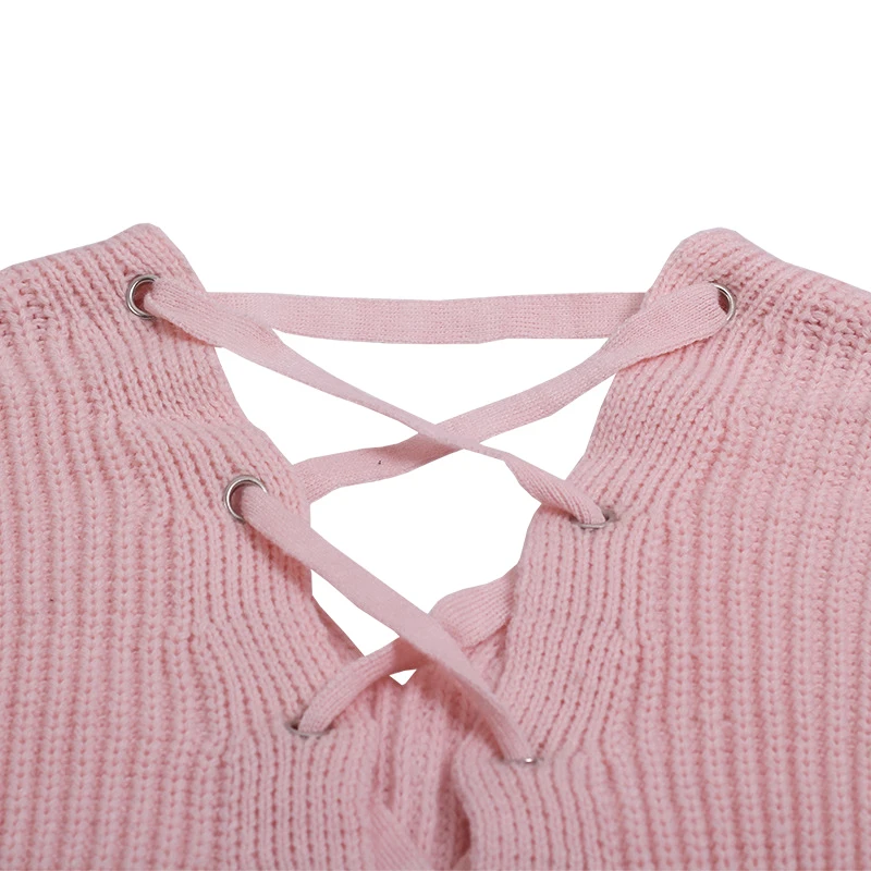 SharVell Women V-Neck Spring Sweater Fashion Backless Criss-Cross Lace Up Streetwear Pullovers Loose Solid Pink Sweaters | Женская