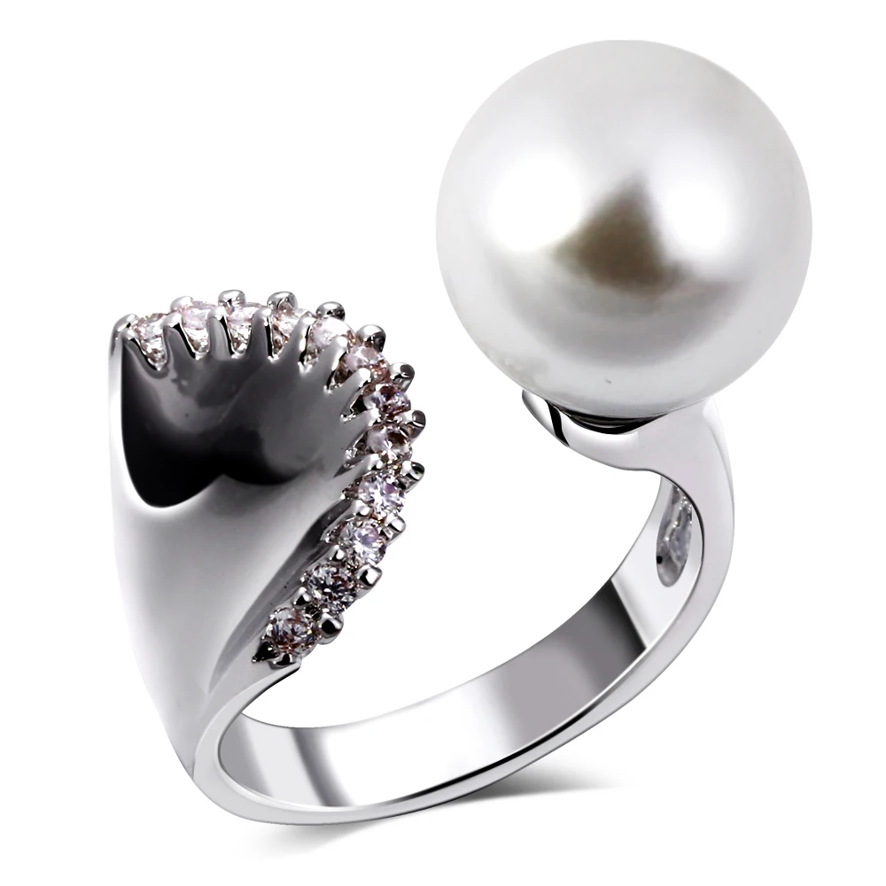 Женские кольца с родиевым покрытием кубическим цирконием и имитацией жемчуга