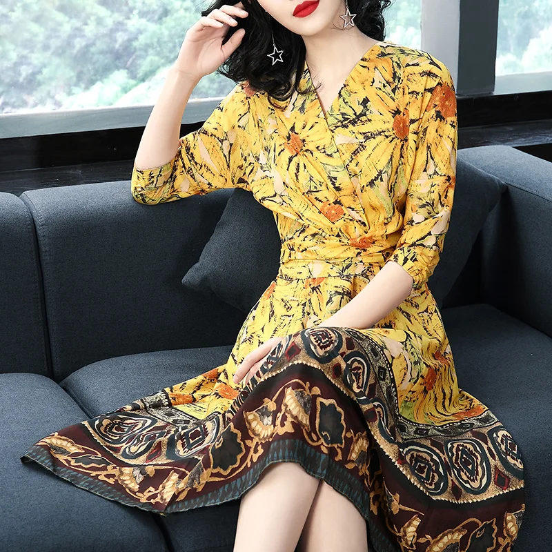 Летние женские принт шифоновое платье Винтаж v образным вырезом рукав &quotлетучая