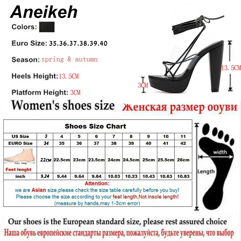 Aneikeh Sexy PVC High Heels Sandals Platform Narrow Band Ankle Strap Chunky Heels Women Pumps Lace Up Summer Dress Sandals Mujer