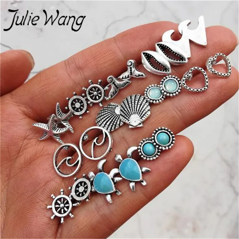 Julie Wang 12 pair Bohemian Style Shell Wave Sea Turtle Sweet Cute Shape Aquarium Souvenir Ocean Party Theme Starfish Earrings | Украшения