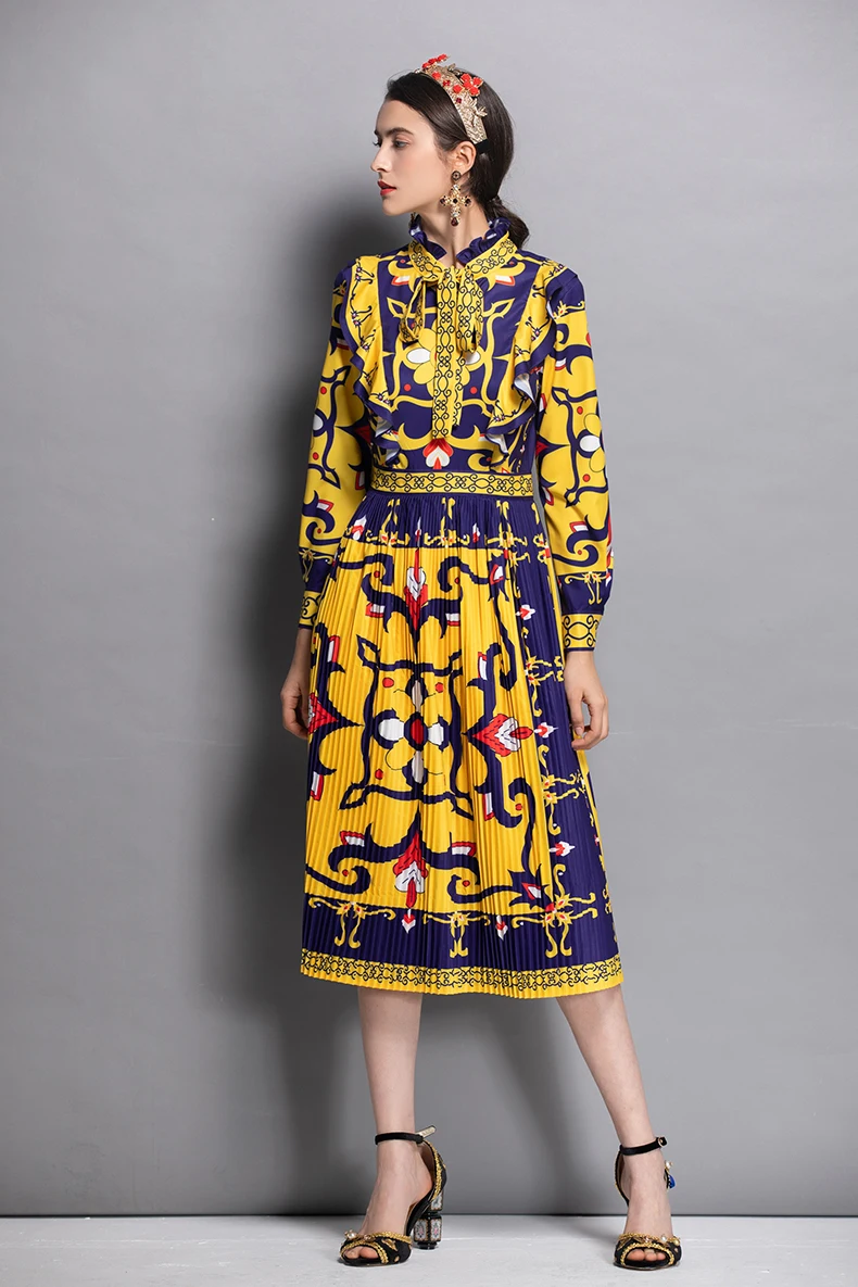 2019 Для женщин с круглым вырезом длинными рукавами и рюшами на шнуровке принтом