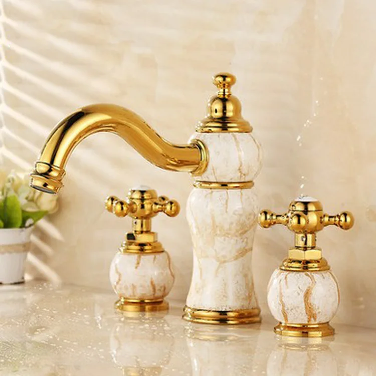 Смеситель для раковины из латуни и натурального нефрита 3 отверстия|Смесители