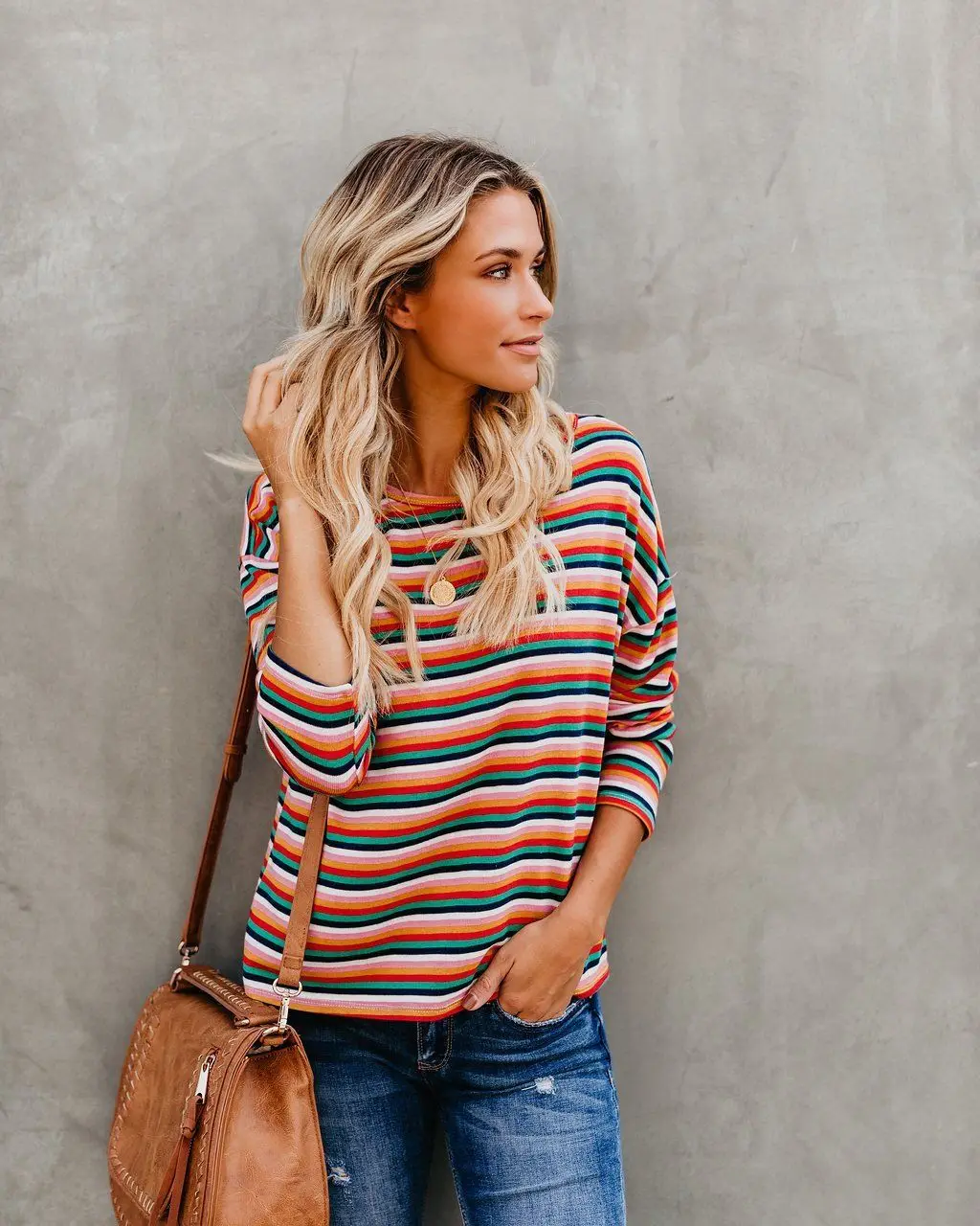 Модная женская осенняя полосатая Повседневная футболка Thefound с длинным рукавом