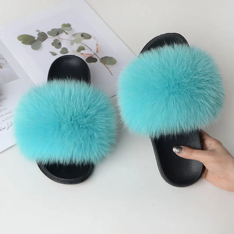 turquoise blue Для женщин натуральным лисьим мехом; шлепанцы без задника с открытыми пальцами анти-скольжения ползунки домашние тапочки из eva подлинный натуральных мех модный Стиль - Цвет: turquoise blue