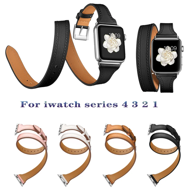 Ремешок двойной из натуральной кожи для Apple Watch band 4 44/40/42/38 мм браслет iwatch series 3/2/1