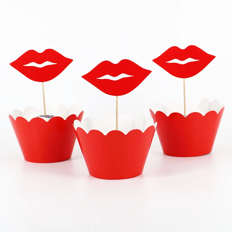 24 шт./лот бумажные обертки для капкейков с красными губами топпер детского дня