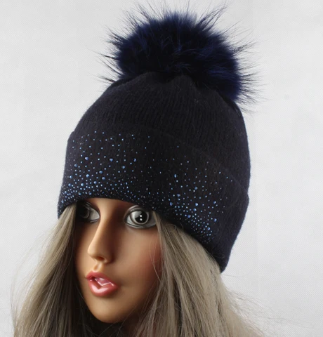 dark blue fur pom Норковые шапки из меха енота для женщин, Зимняя шерстяная вязаная шапка, стразы, шапка с меховым помпоном - Цвет: dark blue fur pom