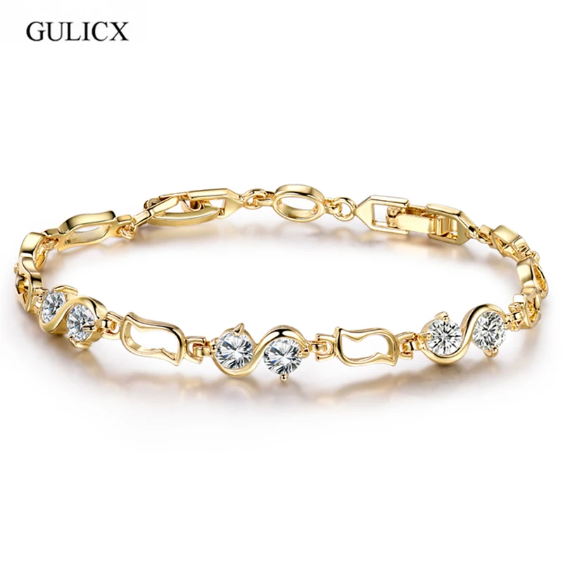 Женский браслет с простой цепочкой GULICX 18 см из чистого золота белым кристаллом и