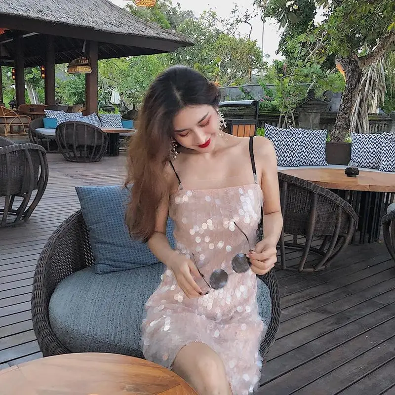 Розовое блестящее платье на бретельках с блестками 2019|Женские платья| |