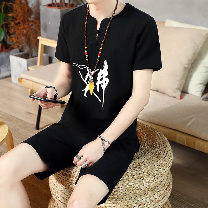 

Chinese Type Linen Summer Tracksuit Men Short Sleeve Top+Shorts Elastic Waist Casual 2 Piece Set Streetwear Men's Clothing 5XL