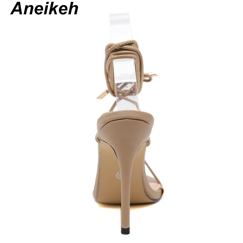 Aneikeh/ г. Элегантные босоножки из pu искусственной кожи женские офисные модельные туфли на тонком высоком каблуке, с круглым носком, на шнуровке Повседневная обувь, Размеры 35-40, черный, абрикосовый, белый