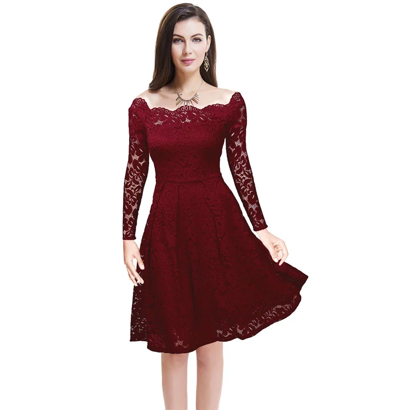 Для женщин Винтаж красный Кружево Платья для Мода Slash Средства ухода за кожей Шеи