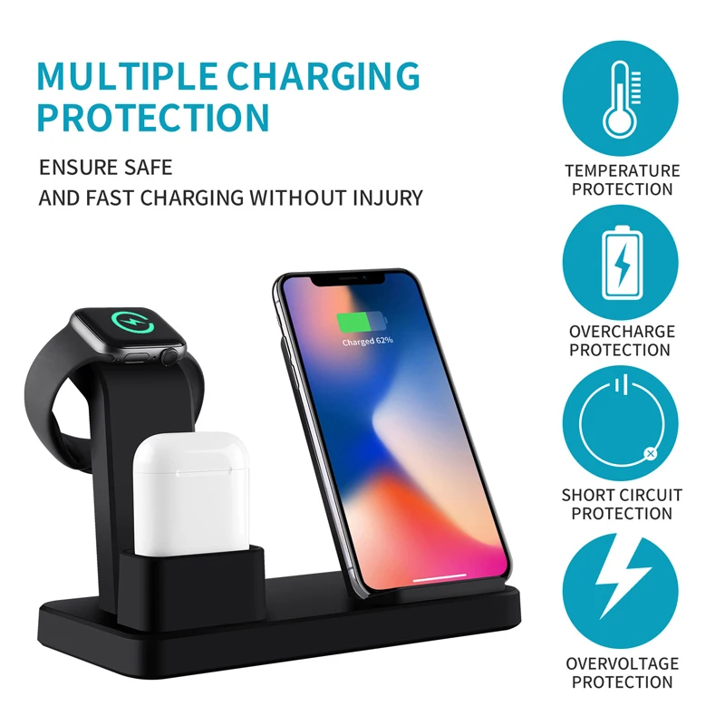 Беспроводное зарядное устройство 3 в 1 10 Вт подставка для Apple Watch 4/3/2/1 AirPods iPhone X Xs Max