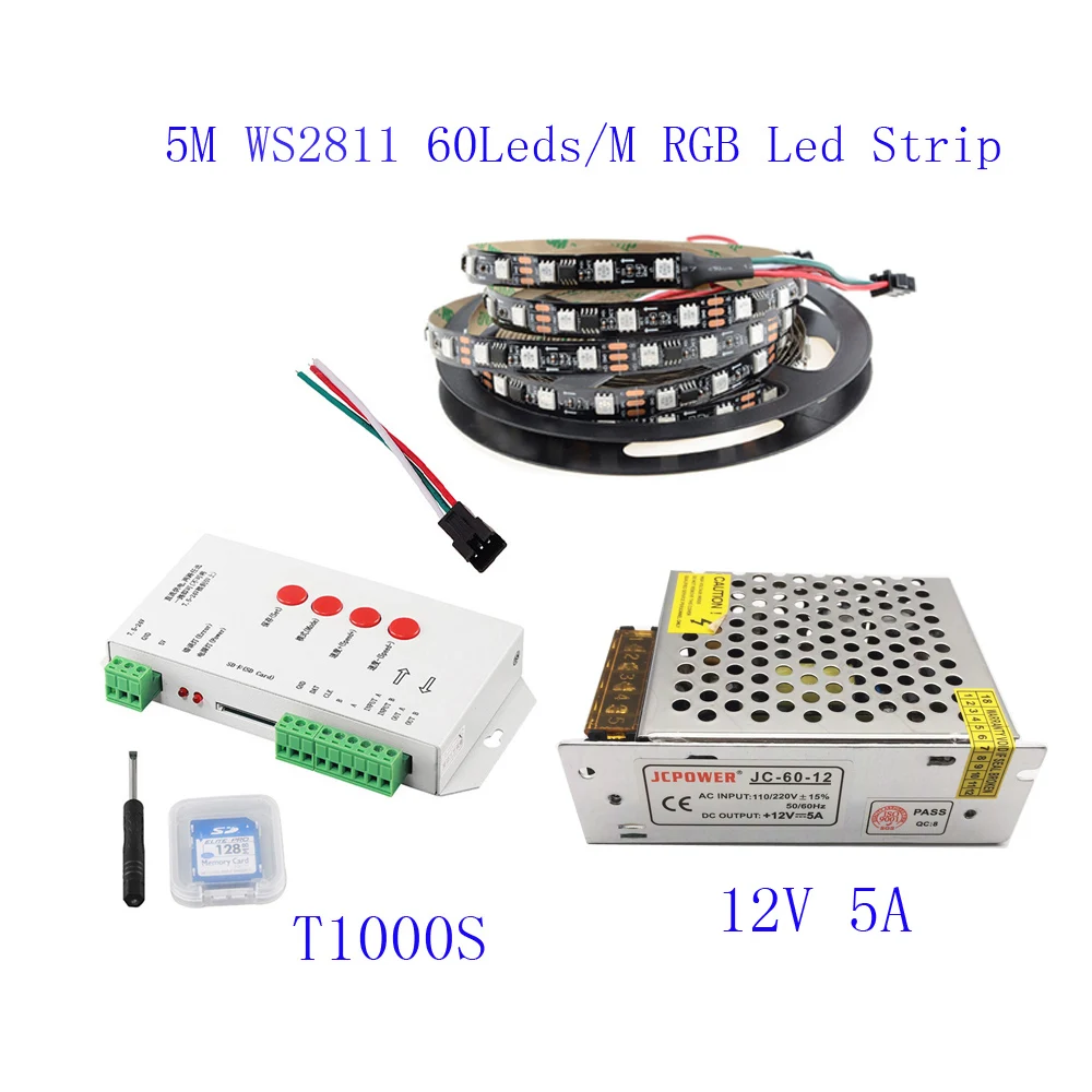 20 м 15 10 5 WS2811 Светодиодная лента IC 60 светодиодов/м RGB умная Пиксельная полоса + T1000S