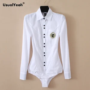 UsualYeah белая офисная рубашка с вышитым значком и карманом, Женская деловая рубашка с длинными рукавами, женская блузка на пуговицах, одежда для работы