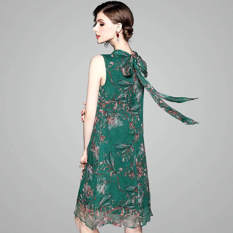 Весенне летнее женское платье розовое с цветочным принтом зеленое шелковое