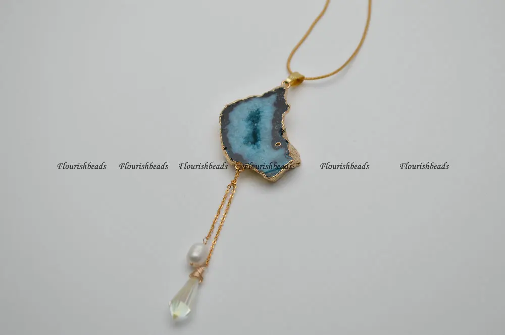 Натуральный голубой Кварц Freeform Агат срез камень кулон связанных цепочек Цепочки