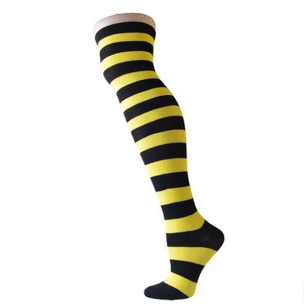 W060 Yellow b wide CUHAKCI/Полосатые носки с принтом; женские гольфы выше колена для девочек; высокие полосатые хлопковые носки; милые чулки; большие размеры; Рождество - Цвет: W060 Yellow b wide