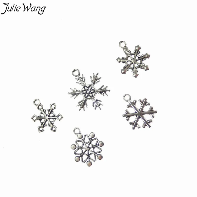 Julie Wang 10 шт смешанные снежинки Подвески античный серебряный цвет кулон Рождество