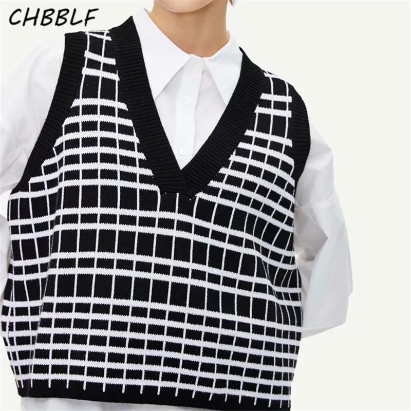 Женский базовый вязаный свитер CHBBLF клетчатый винтажный пуловер без рукавов с v
