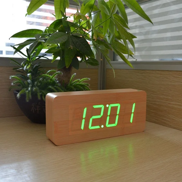 bamboo green FiBiSonic Заводские деревянные будильники, термометр деревянный Светодиодный Настольные часы с контролем звуков, большие цифры Цифровые Часы - Цвет: bamboo green
