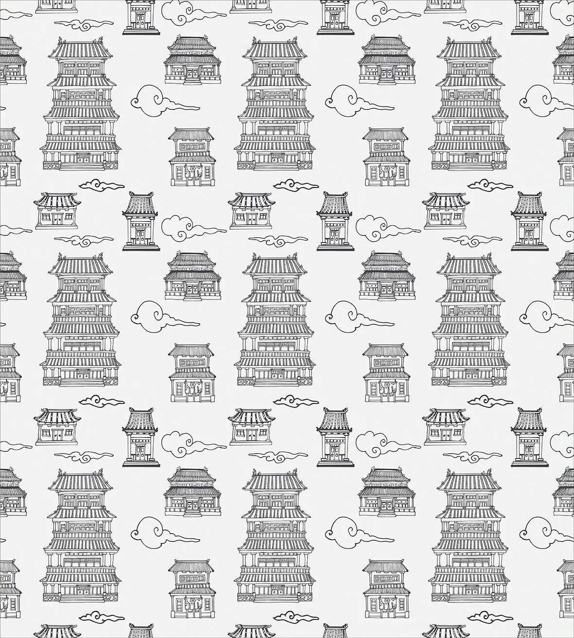

Ancient China Duvet Cover Set Hand Drawn Images of Asian Architecture Style Houses and Clouds Pagodas 4 Piece Bedding Set
