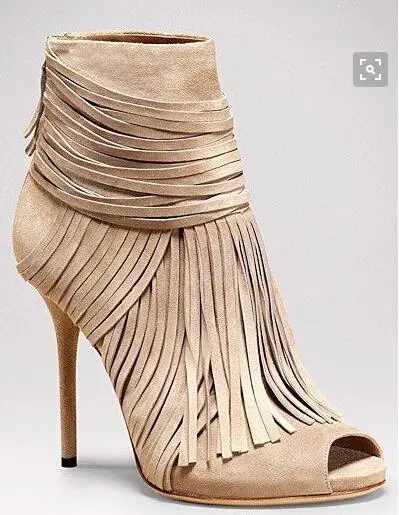 Cheap Price Hottest Black Beige Suede Fringe Ankle Bootie High Heel Peep Toe Gladiator Sandals Boots For Women Tassel shoes woma
