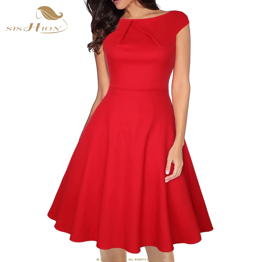 

SISHION Women Summer Solid Black Red Vintage Dress QY0179 O-Neck High Waist Slim Short Sleeve Retro Dresses