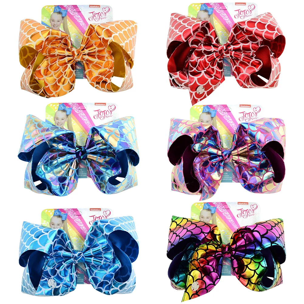 8 дюймов JOJO Clip Fish Scale Print PU Leather Boutique Hair Bows Kids Big X-Large Заколка-бабочка DIY Women Accessories |