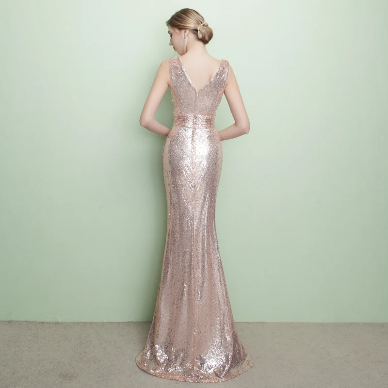 Длинные свадебные платья ERINBESS в пол цвета шампанского расшитые блестками