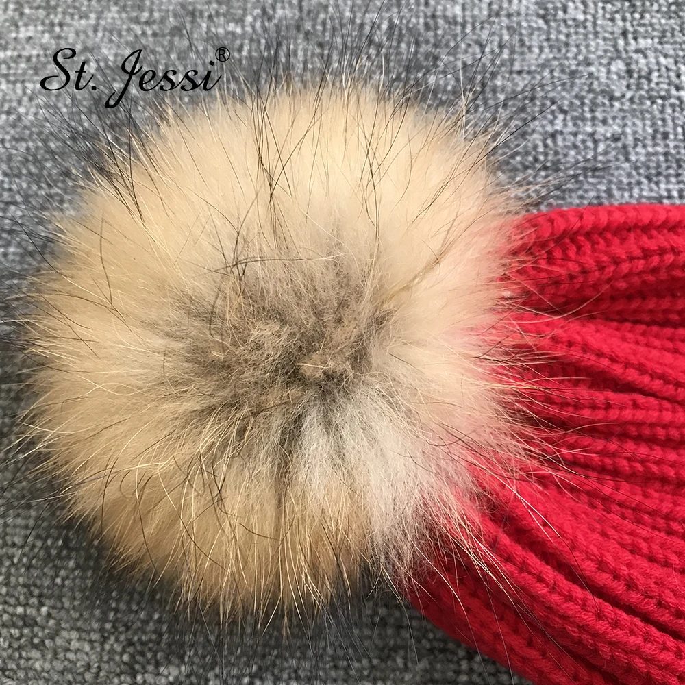 ST. Jessi/комплекты шапок с натуральным мехом для мамы и ребенка, для родителей и ребенка, вязаные пушистые Меховые помпоны, милые детские вязаные шапочки